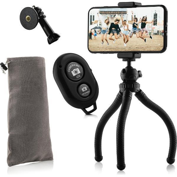 Flexibel statief met extra stevige poten KIT: met telefoonhouder, bluetooth remote, GoPro-adapter & opbergzakje