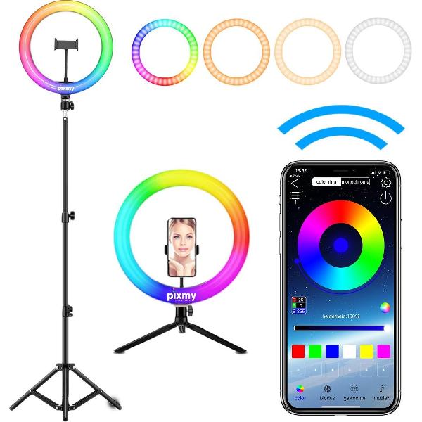 PIXMY - Ringlamp 10 inch – Smart App - 16+ Kleurstanden - Ringlamp met statief – TikTok Lamp - ALL-IN-ONE RL10C-BT-RGB