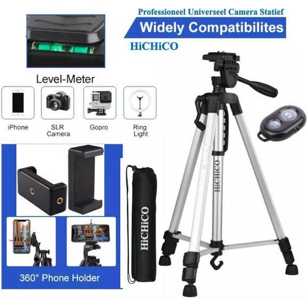 Professioneel Universeel Camera Statief Met Handgreep en Hendel - Smartphone Tripod Zilver - Inclusief Bluetooth Remote Shutter, Telefoonhouder, opbergtas en waterpas, Model VCT-3366 Zilver van HiCHiCO