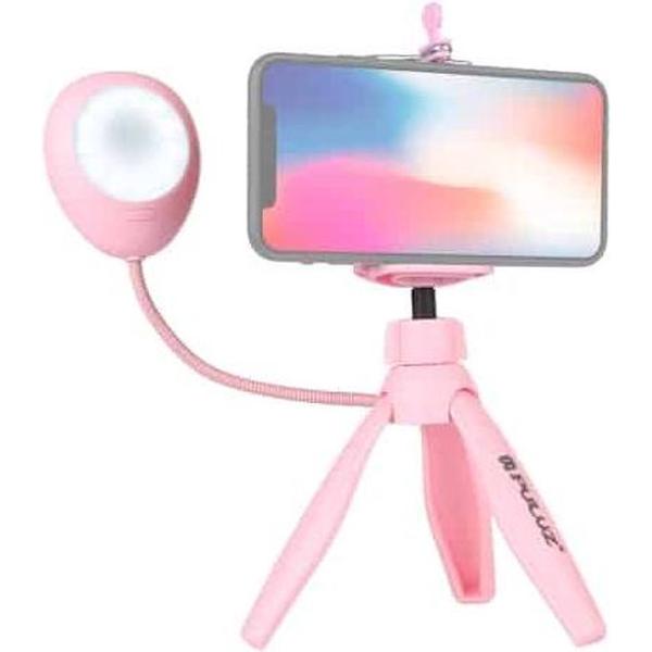 PULUZ Mini Pocket Desktop Statiefbevestiging + Telefoonklemhouder + Live Broadcast LED-lampje met 1/4 inch schroef (roze)