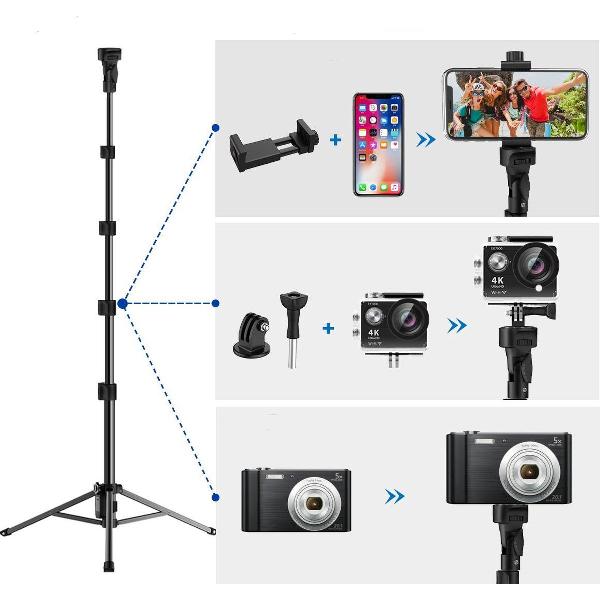Alexafy| 2 in 1 Statief Tripod en Selfiestick met Draadloos Bluetooth Afstandsbediening Remote – tot 151 cm hoog - Zwart – 360 Graden Rotatie –- Camera Statief - DSLR – GoPro Statief – Smartphone Statief Universeel - Android/Samsung/Apple/Iphone