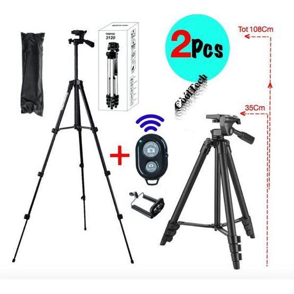 2x Camerastatief, Smartphone Tripod Voor Fotocamera en Smartphone Inclusief Bluetooth Remote Shutter en Waterpas CoolTech