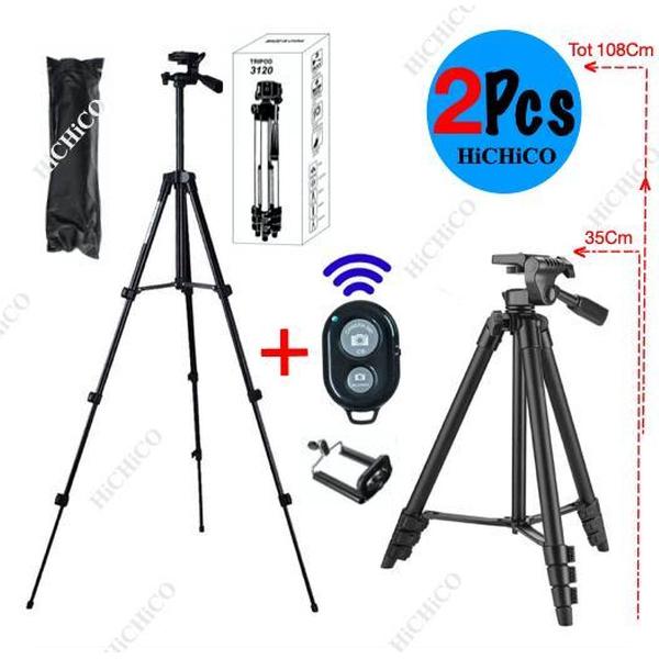 2x Camerastatief, Smartphone Statief, 2Pcs Smartphone Tripod Voor Fotocamera en Smartphone - iPhone - Canon – Nikon - Spiegelreflexcamera Inclusief Bluetooth Remote Shutter en Waterpas, HiCHiCO Model 3120 108Cm Zwart