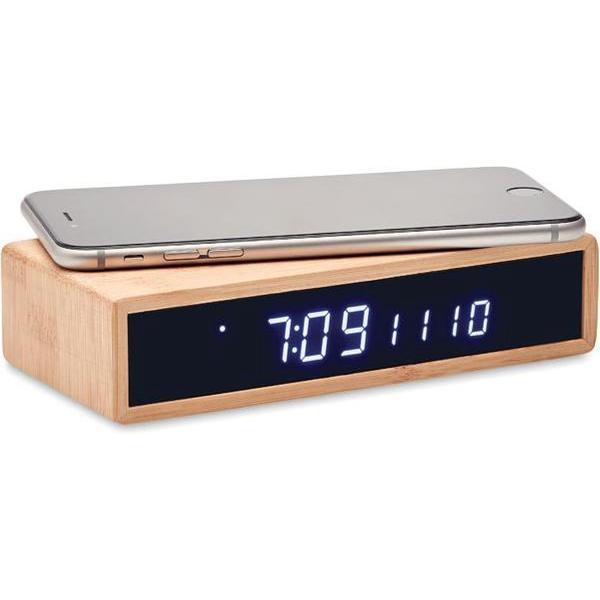 Bamboe wekker incl. draadloze oplader - Wekkers digitaal - Digitale wekker - Wireless charger - Draadloze oplader iPhone - Draadloze oplader Samsung - Draadloze opladers - Draadloze oplader Apple