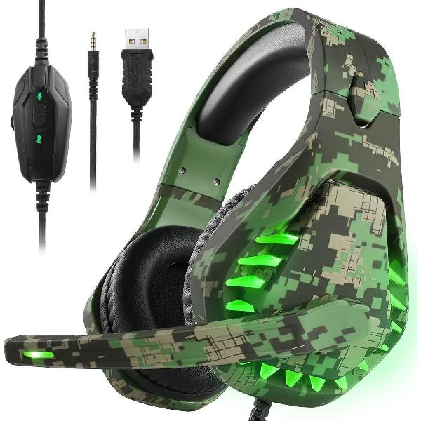 Gaming headset voor PS5 Xbox One PC hoofdtelefoon met microfoon LED licht Noise Cancelling Over Ear Compatibel met Nintendo Switch Games Laptop Mac PS4 (Camouflage Green)