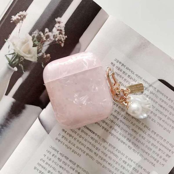 Minislifestyle - Airpods hoesje- Airpods case - AirPods 1 & 2 - soft case - Siliconen case- hoes- Roze - Pink- Parelmoer - Glitter - Parel en Schelp accessoire - Elegant - Schattig