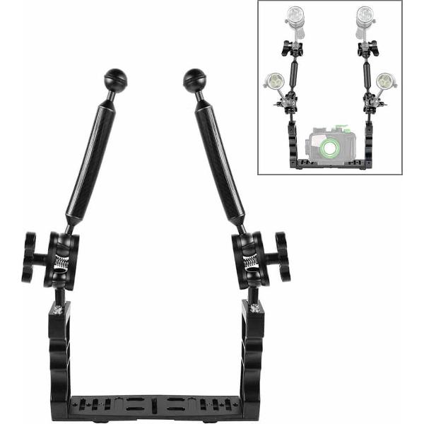 PULUZ aluminium hendel stabilisator met dubbele handgreep met 2 x dubbele bal aluminium klem & 2 x 7 inch zwevende arm voor onderwatercamerabehuizingen (zwart)