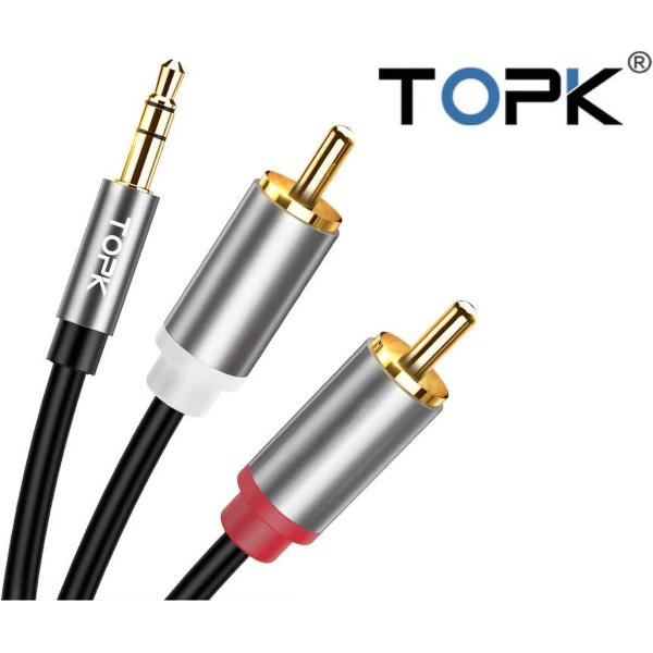 TOPK® | AUX kabel 3,5mm jack male naar 2 RCA tulp kabel | 1 meter | Verguld | 24K Gold Plated | Stereo Audio Tulp Kabel | Audiokabel | 2RCA kabel L/R | Aux Kabel | 3,5mm Jack cable