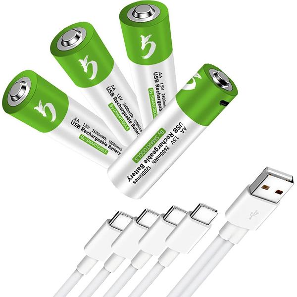 AA Oplaadbare batterijen 1,5 Volt 2600 mWh met 4-in-1 USB Type-C Kabel opladen - Duurzame Keuze - Lithium AA batterij - 4 stuks