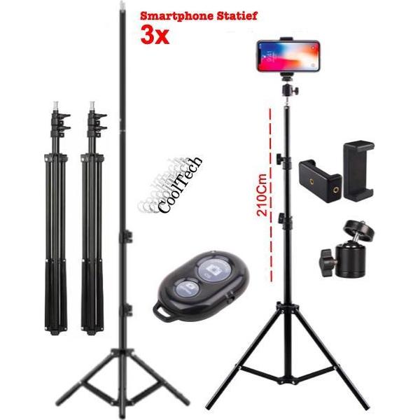 3x Camerastatief 210Cm Voor Fotocamera en Smartphone - iPhone - Canon - Nikon - Spiegelreflexcamera Inc. Bluetooth Remote Shutter, Telefoonhouder, 360 ° Draaigreep horizontaal CoolTech
