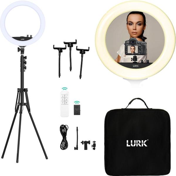 LURK® Ringlamp set PRO 15 inch - Verstelbaar statief & afstandsbieding – LED Selfie Ring Of Light - Geschikt voor smartphone en (actie)camera