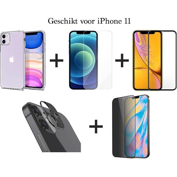 iPhone 11 Hoesje COMBI DEAL - 1x Hoesje Siliconen Transparant - 1x Screen Protector - 1x Screenprotector Full Cover - 1x Privacy Screenprotector - 1x Camera Screen Protector