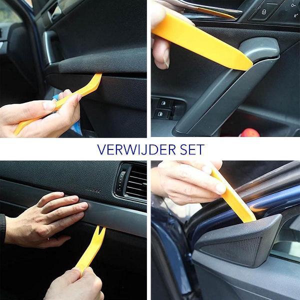 Autoradio verwijdering kit. Werkt voor het radio- / audiosysteem en de meeste deuren en panelen. Kunststof en metalen componenten. Een set van 12 afzonderlijke stukken, elk voor een andere taak.