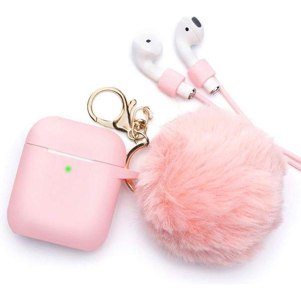 Airpods Case Silicone – Hoesje met Sleutelhanger en Pluche Bol – Roze