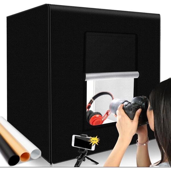JGS Fotostudio Set - Draagbaar - Fotobox - LED verlichting - 60x60x60 cm - Fototent - Opnametent - Mini Statief - 3 Achtergronden