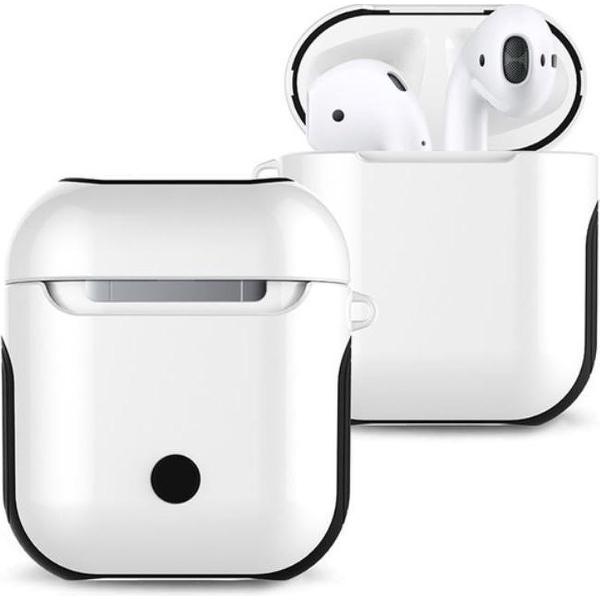 DrPhone Airpods 1 & 2 Hoes - Schokbestendige Harde PC + Zachte Rubberen Siliconen Cover – Wit/Zwart
