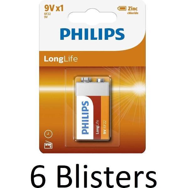6 Stuks (6 Blisters a 1 st) Philips Longlife 9V Batterijen