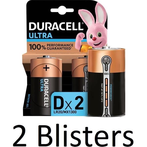 4 Stuks (2 Blisters a 2 st) Duracell Ultra alkaline D-batterijen