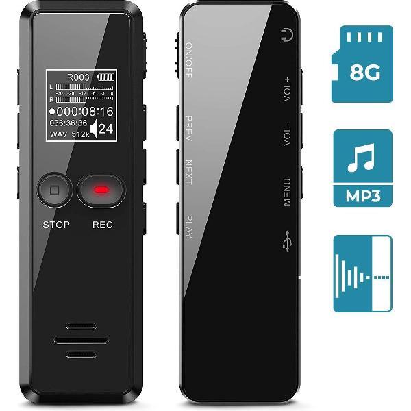 LifeGoods Digitale Voice Recorder - USB Oplaadbaar - 8GB Interne Opslag - Klein en Compact Mini Formaat - Audio in MP3 of WAV met Ruisonderdrukking - Draadloze Memo Recorder - Zwart