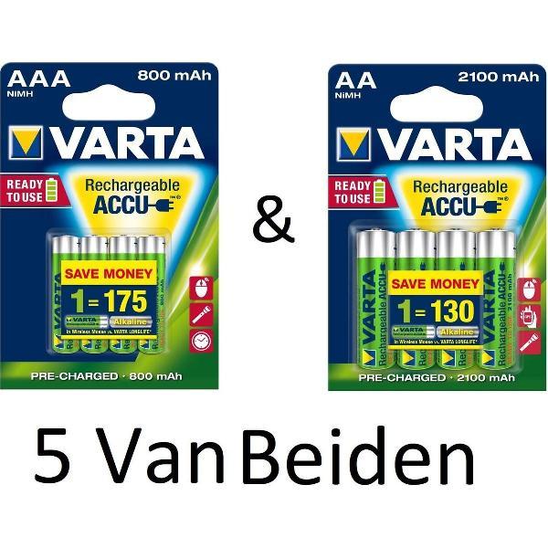 (5 Van Beiden) Varta AA & AAA oplaadbare batterijen Combi aanbieding 800 mAh & 2100 mAh