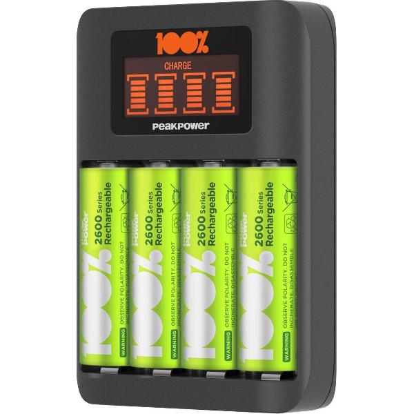 100% Peak Power batterij oplader U412 met AA batterijen - Duurzame Keuze -