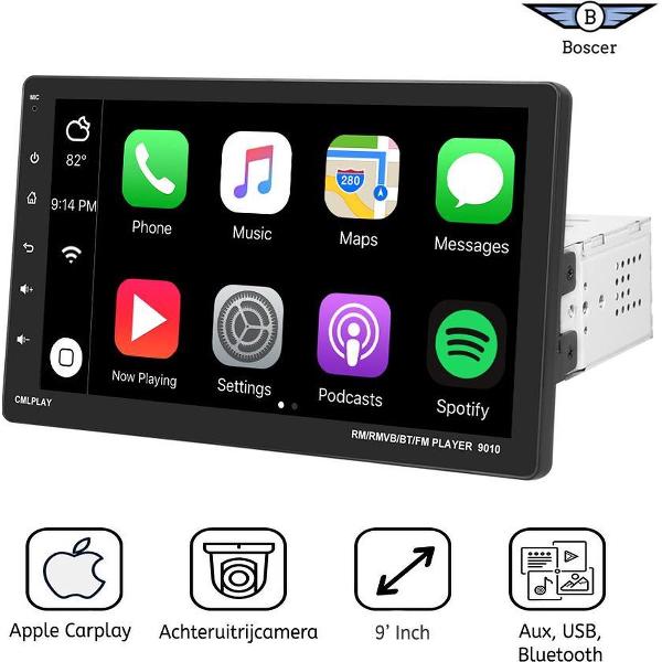 Boscer® 1Din Autoradio | Apple Carplay | 9' HD verstelbaar scherm | USB, Aux, Bluetooth|Achteruitrijcamera