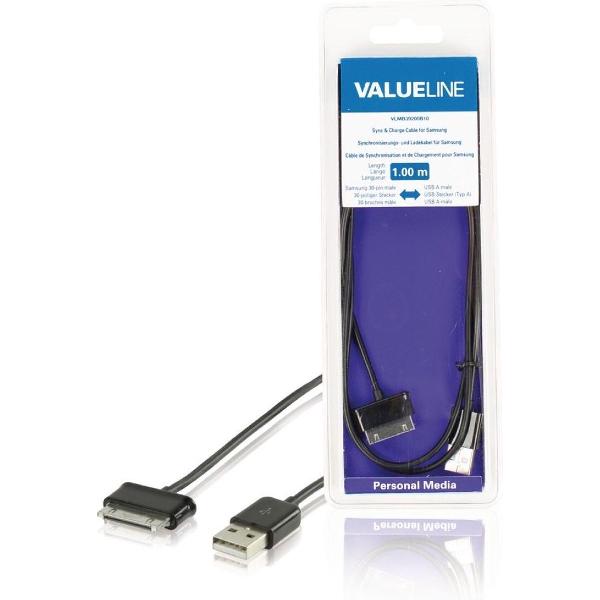 Valueline VLMB39200B10 Sync & Charge-kabel voor Samsung 30-pins Mannelijk - Usb A Mannelijk Zwart 1,00 M