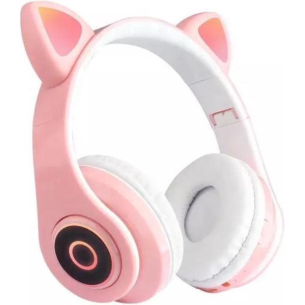 LIFETASTIC® Bluetooth Wireless Stereo Koptelefoon met Noise Reduction Technology - Roze - Kat - Kattenoren - Met licht - LED - Met Ingebouwde Microfoon