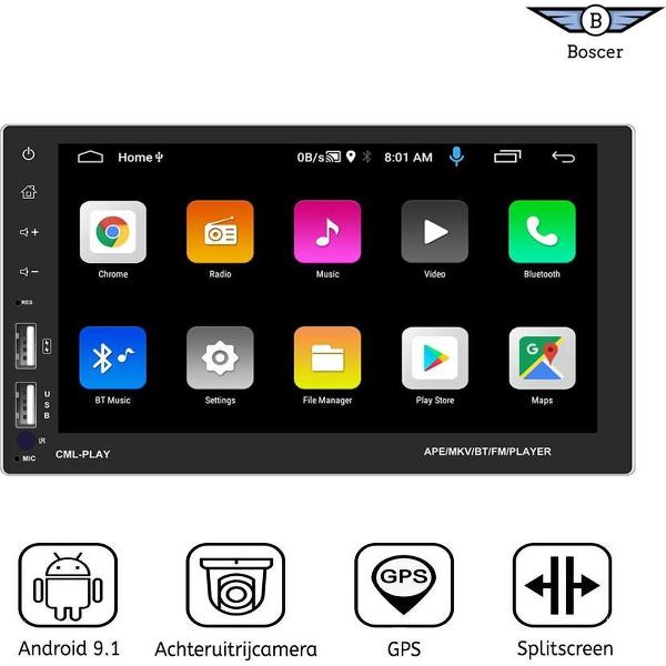Boscer® Autoradio | Android 9.1 | 2Din universeel | Navigatiesysteem | Splitscreen | 7' HD scherm | Achteruitrijcamera