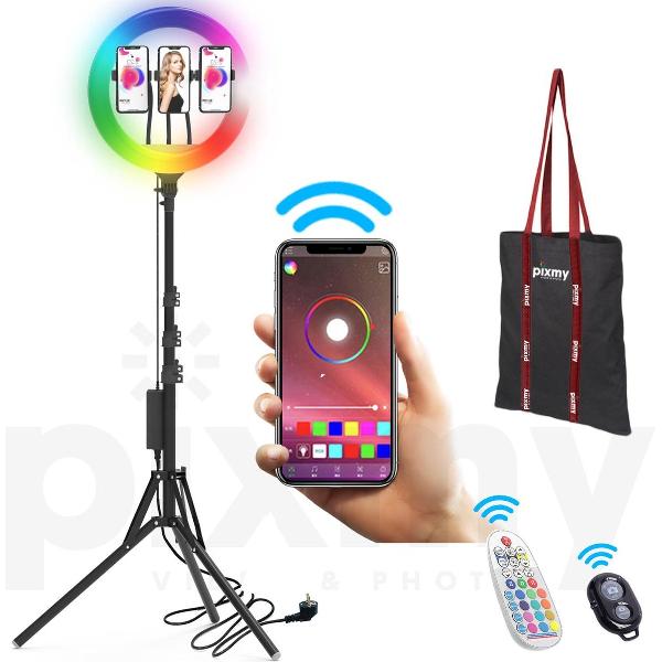 PIXMY - Ringlamp 14 inch – Smart App - 100+ Kleurstanden - Ringlamp met statief – ALL-IN-ONE RL14CRGB