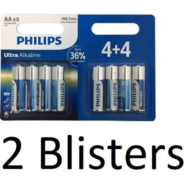 16 Stuks (2 Blisters a 8 st) Philips Ultra Alkaline Lr6/aa Batterijen 4+4