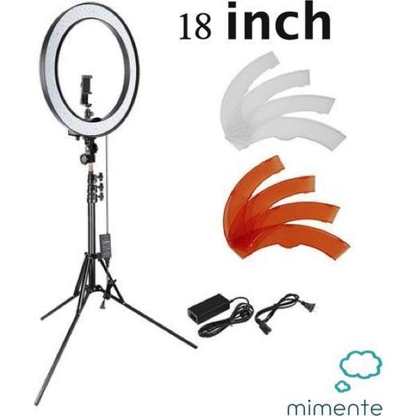 Ringlamp met statief - Ringflitser - 18 inch - 45,72 cm doorsnee - Professionele Ringlight - Ringlamp met smartphone houder - De Nr 1 van NL - Met statief en draagtas