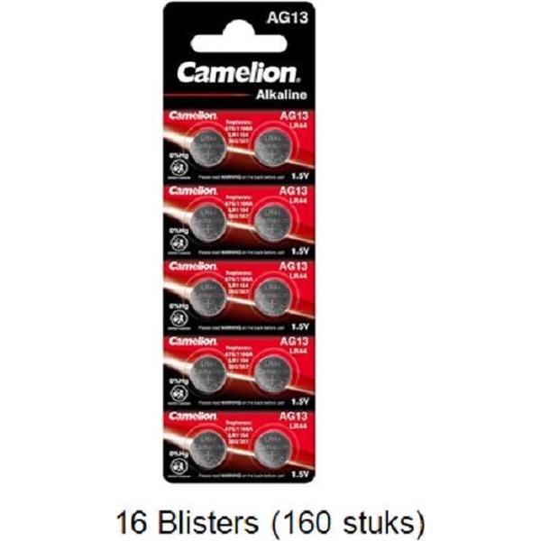 160 stuks (16 blisters a 10 stuks) Camelion Alkaline LR44 AG13 1.5V 0% Mecury