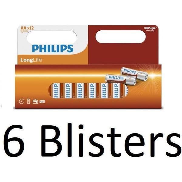72 stuks (6 Blisters a 12 st) Philips Longlife AA batterijen