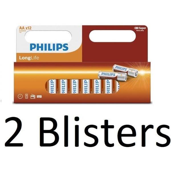 24 stuks (2 Blisters a 12 st) philips Longlife AA batterijen