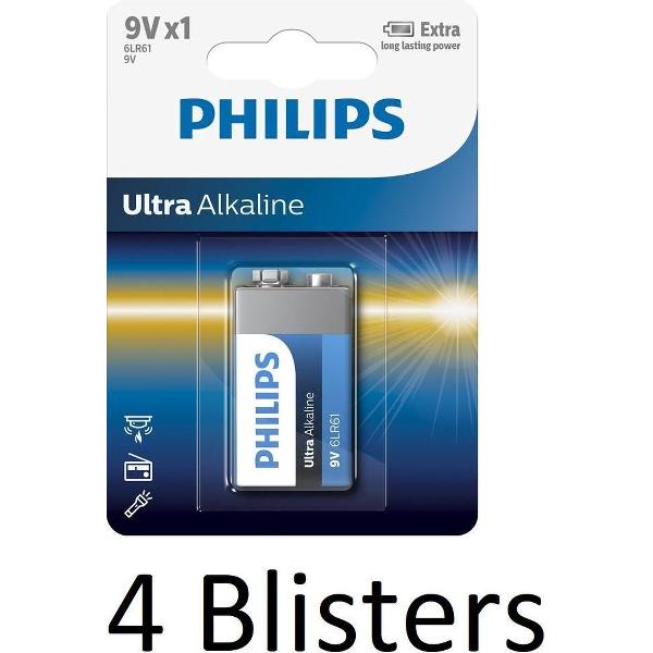 4 Stuks (4 Blisters a 1 st) Philips 6LR61 9V batterij