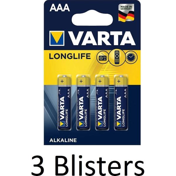 12 Stuks (3 Blisters a 4 st) Varta Longlife Extra AAA Batterij - Alkaline