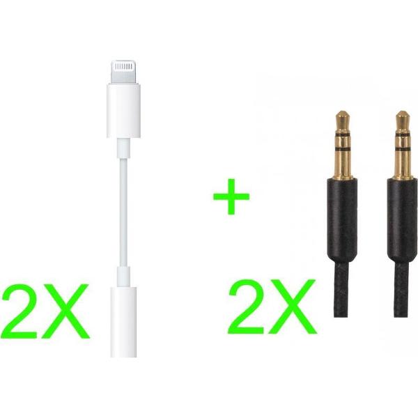 2 stuks Aux 3.5 mm naar Lightning Adapter + 2 Aux audio kabels 3.5mm SET voor Apple iPhone en Tablet Ipod muziek luisteren