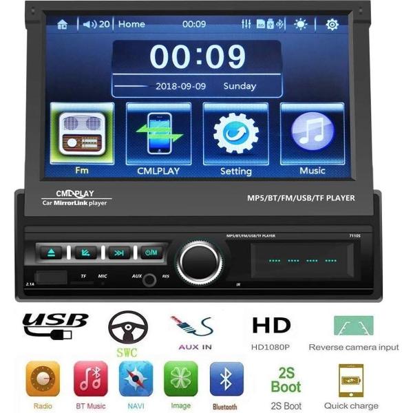 1din media autoradio klapscherm met touchscreen, radiofunctie, Bluetooth, iOS en Android, Mirrorlink