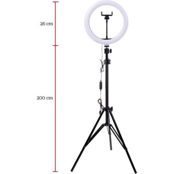 LED Ringlamp met statief, telefoonhouder en bluetooth afstandsbediening - 30 cm/12 inch ringlamp - 200cm (verstelbaar) - USB - TikTok - YouTube - Vlog - Ringlight - flitser - Ring lamp - Ringlamp telefoon - Make-up light - Studiolamp