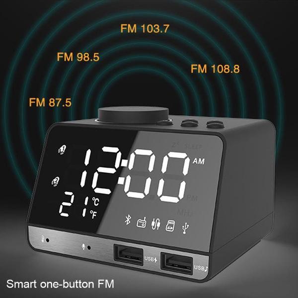 Multifunctionele Digitale LED Wekkerradio - Bluetooth - Dubbele Alarm Functie - 2 USB Oplaadfuncties - Telefoonoplader - Spiegel LED Display - Dual Alarm - FM Radio - Temperatuur - 12hr/24HR - Batterij Backup - Kinderwekker - Zwart