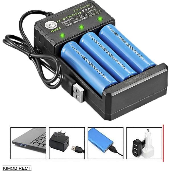 KIMO DIRECT Batterijoplader batterij lader - Universeel Power Charger- 3 slots Lithium Li-ion Slimme Lader AA/AAA en Compatibel 10440/14500/16340/16650/18350/18500/18650/26650 en vele Rechargeable Batteries