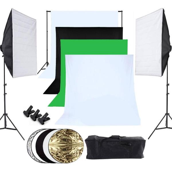 FOTOSTUDIO SET - ACHTERGRONDSYSTEEM - 4 KLEUREN MET SOFTBOX + REFLECTOREN