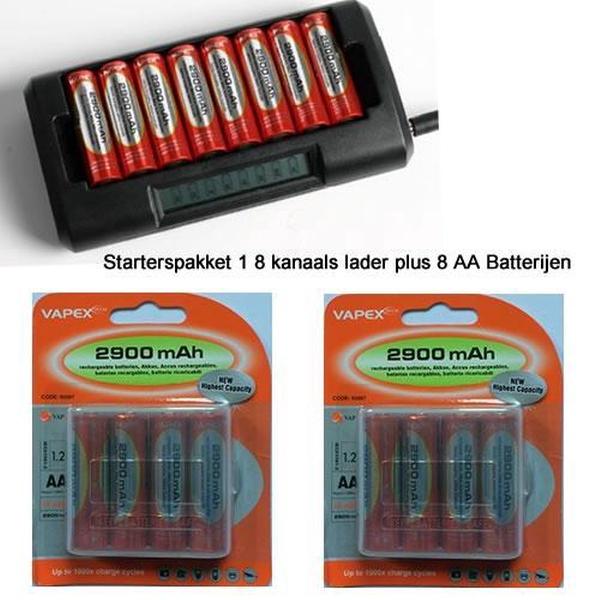 8 Kanaals Batterijlader plus 8 AA Oplaadbare Batterijen met Bewaarbox
