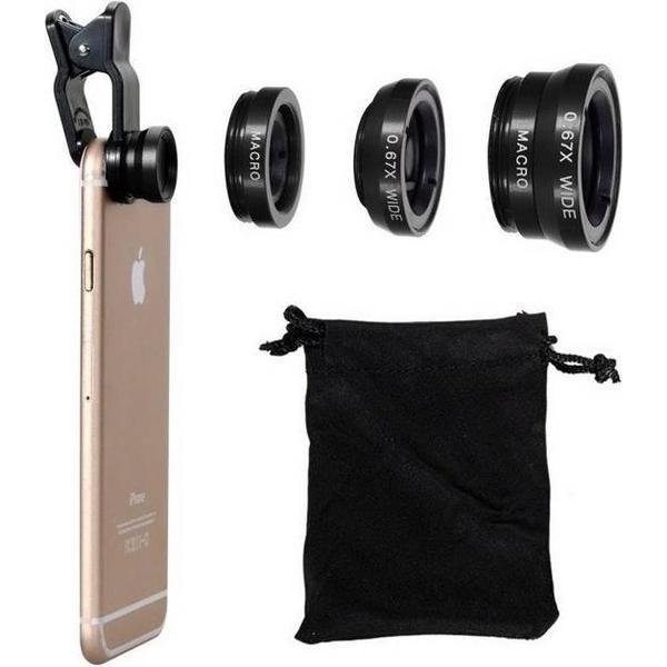 Clip Lens 3-in-1 Fish Eye 180° Lens / Wide Lens / Macro Lens - Universeel Compact. Universeel Tablet/Smartphone - ZWART -Underdog Tech