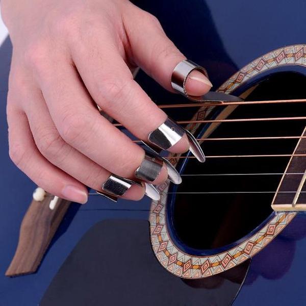 Vinger Plectrum - Gitaar - Set 4 stuks - 1 Duim Plectrum - 3 Vinger Plectrums - RVS - Zilver