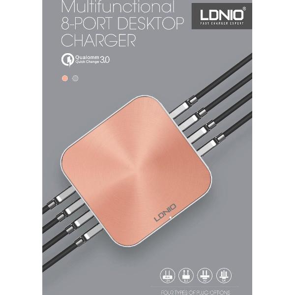 LDNIO - Premium Oplaad Station - 10A - 8 USB Poorten - Auto-ID en Qualcomm 3.0 Ingang - Roze