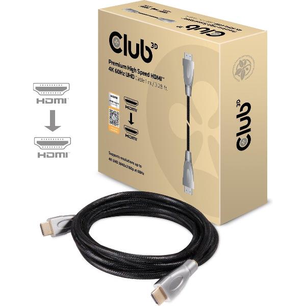 club3D HDMI Aansluitkabel 1.00 m CAC-1311 Folie afscherming, High Speed HDMI, UL gecertificeerd, Ultra HD-HDMI, Stekker past op beide manieren Zwart, Zilver
