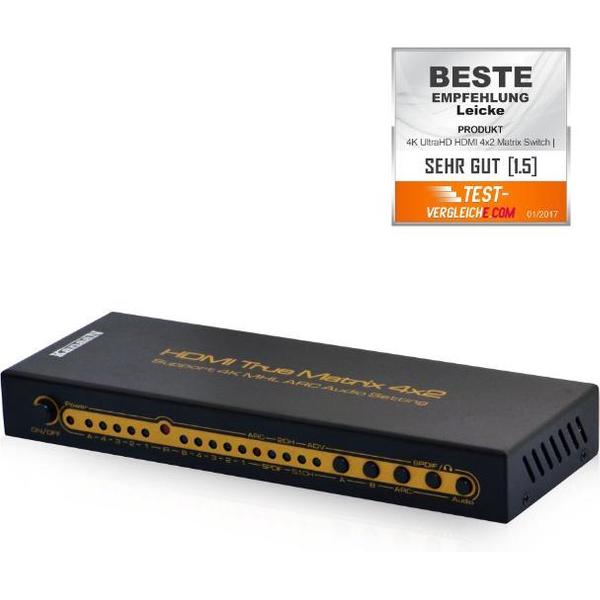 KanaaN 4x2 UHD matrix HDMI switch, splitter 1.4 4K 2K 1080p etc., HDCP 2.0, SPDIF, Dolby 5.1, hoofdtelefoonuitgang, afstandsbediening
