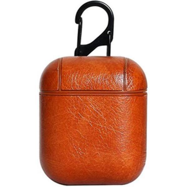 KELERINO. Leren hoesje voor Apple Airpods 1 & 2 - Inclusief Hangclip - Licht Bruin